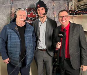 Chris and Maverick Hayes are interviewed on Cogeco Your TV by Lumber Kings play by play announcer Jamie Bramburger